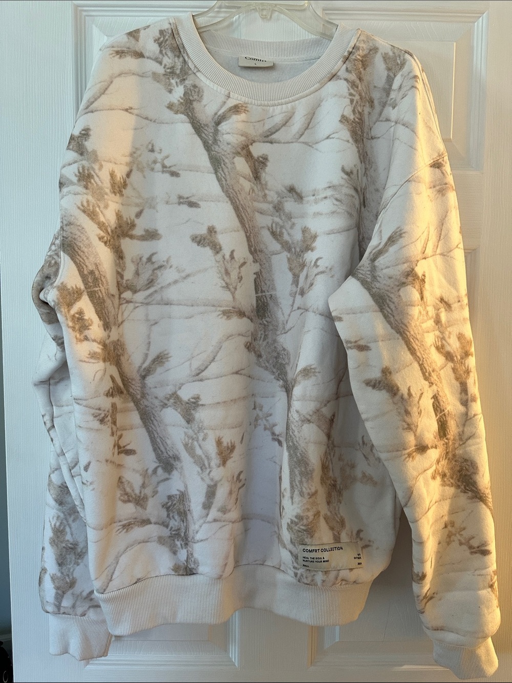 Comfrt Cream Crewneck Sweater with Brown Tree Print